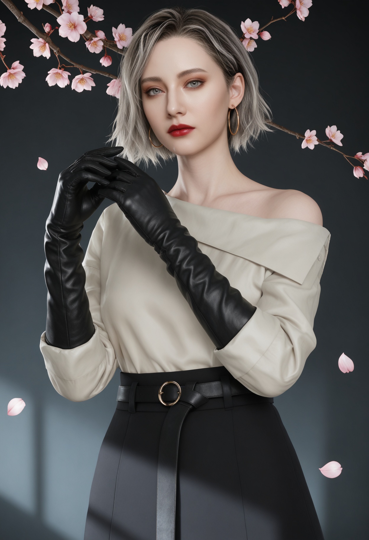 (upper_body:1.2),(looking at viewer:1.1),masterpiece,(best quality),smog,Dark room,dim lighting,peach blossom,falling petals,<lora:YQ_Illustrious光辉v5_格蕾丝_V1:0.8>,q1528437228,solo,1girl,short hair,shirt,earrings,jewelry,blonde hair,gloves,black gloves,white shirt,grey eyes,hoop earrings,skirt,grey hair,red lips,black skirt,belt,long sleeves,long skirt,brown eyes,pants,black footwear,black hair,boots,elbow gloves,lipstick,blue eyes,multicolored hair,off-shoulder shirt,