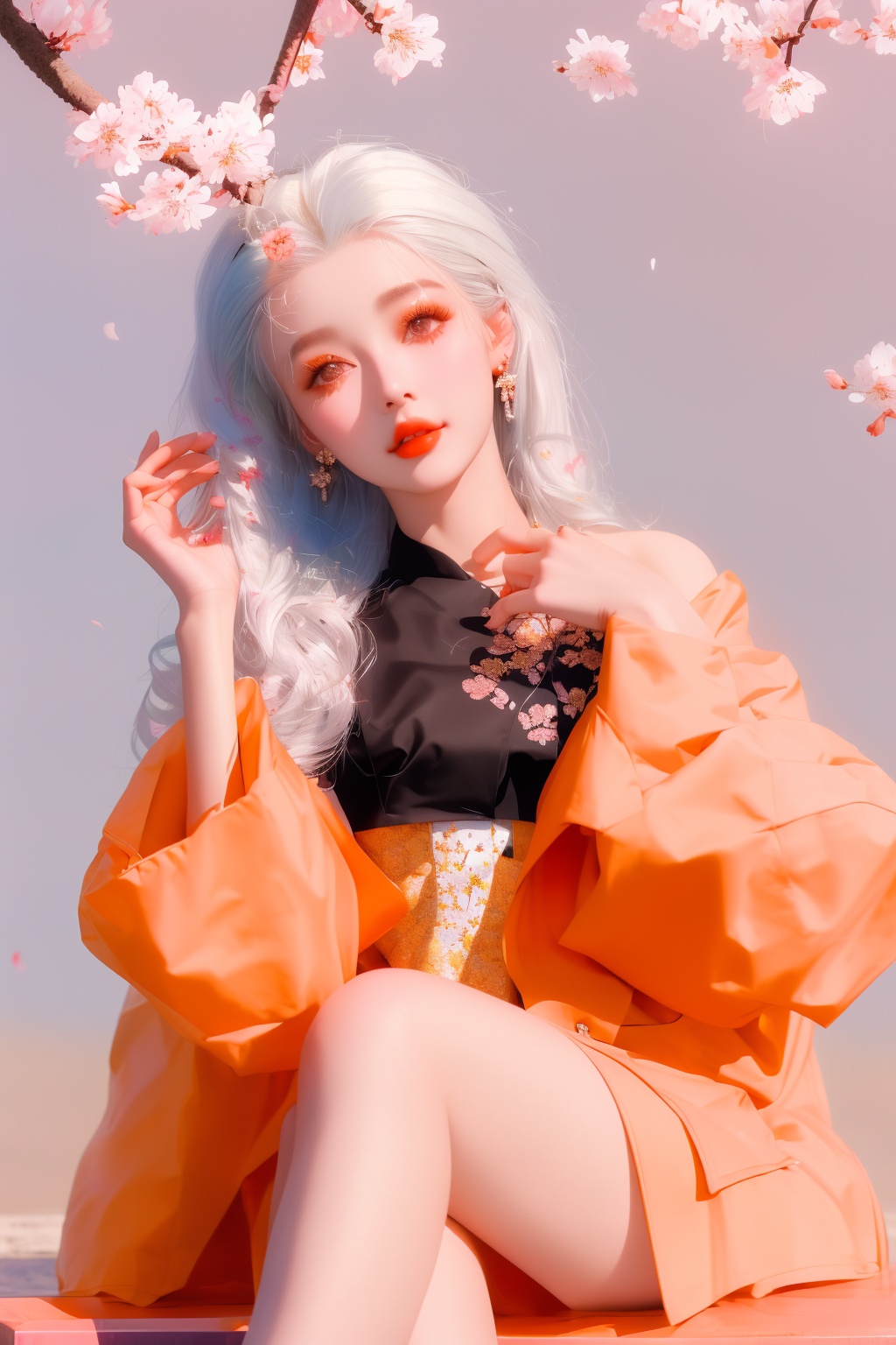 1girl,o_style,o_style,solo,1girl,jewelry,earrings,looking at viewer,parted lips,white hair,cherry blossoms,long sleeves,red lips,flower,long hair,sitting,hand up,petals,jacket,<lora:o_style_512_dreamshaper_8:0.8>,