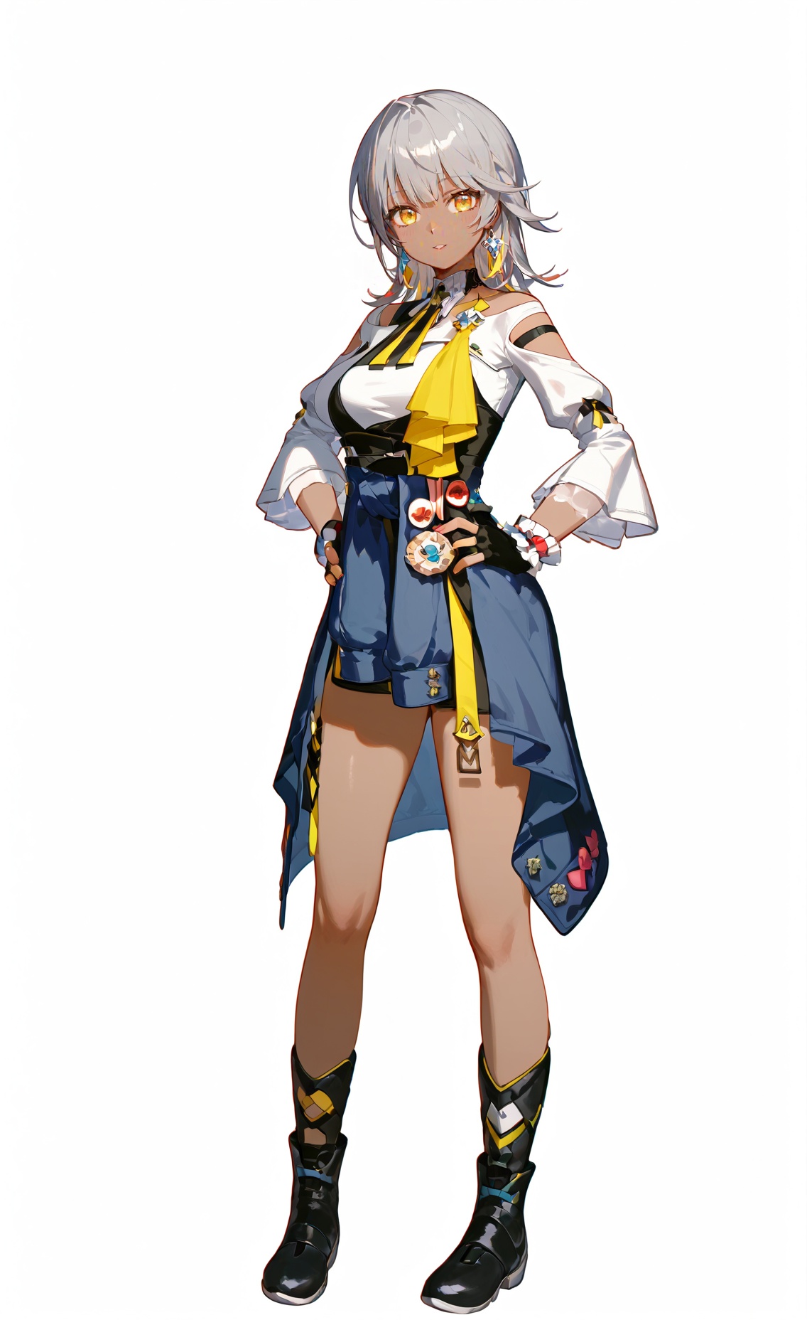 score_9, score_8_up, score_7_up, 8k, best quality, masterpiece, (ultra-detailed), (high detailed skin), (white background:1.3), (full body:1.2), (white background), standing, looking at viewer, (solo:1.2), hands on hips, <lora:Carol-pony-Tanger-000009:0.8>, Carol, def clothes, 1girl, gloves, fingerless gloves, dark-skinned female, dark skin, black gloves, clothes around waist, yellow eyes, black footwear, grey hair, (beautiful_face), ((intricate_detail)), clear face, ((finely_detailed)), fine_fabric_emphasis, ((glossy)), full_shot, 