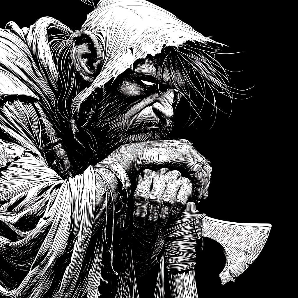 savage_ink,  Extreme close-up of a scarred hooded warrior resting folded hands on anaxe handle against deep black shadow o...