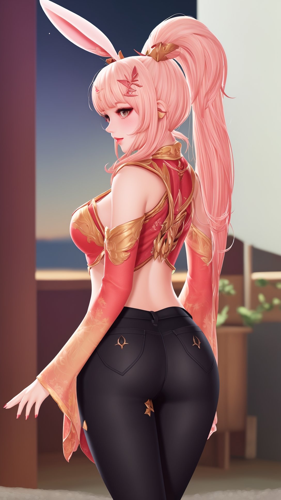 (1girl),smooth chin,masterpiece,detailed face,((hair ornament focus)),top quality,4k,make up,best quality,medium breasts,(looking at viewer),eyes focus,upper body,rabbit ears,pink hair,ponytail,((black pants)),blush,body blush,mature female,navel,light red and light golden mixed sleeves,night sky,arms behind back,long legs,red skirt,hole on pants,walking,<lora:王者公孙离原皮_v1.0-000008:0.8>,