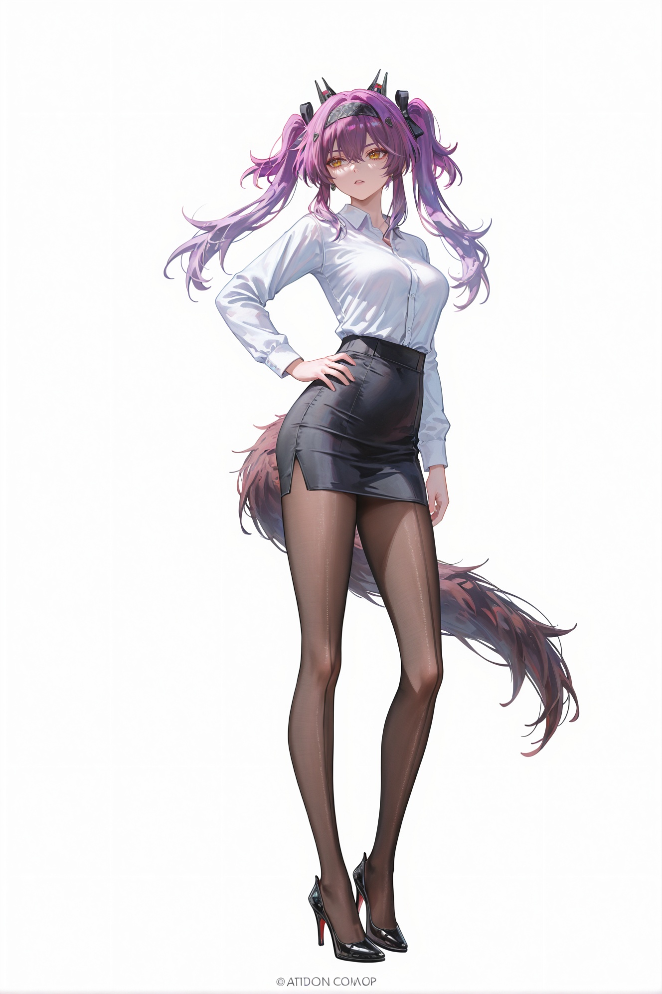 8k,best quality,masterpiece,(ultra-detailed),(high detailed skin),((artist:reoen),(artist:fuzichoco),(artist:atdan),(artist:torino_aqua),year 2024:0.8)1girl,[artist:wlop],[artist:ningen_mame],artist:ciloranko,[[artist:rhasta]],artist:tidsean,colorful,full body,full shot,standing,(solo:1.2),simple background,(white background:1.2),hand on own hip,(white background:1.1),<lora:lupawave-ill-Tanger:0.8>,lupa \(Wuthering Waves\),lupa hair ornament,waist black mark,1girl,twintails,breasts,purple hair,yellow eyes, tail ,1girl,long hair,hair between eyes,jewelry,hair ornament,skirt,office lady,shirt,pencil skirt,pantyhose,white shirt,high heels,black skirt,breasts,black footwear,long sleeves,alternate costume,high-waist skirt,brown pantyhose,contemporary,shirt tucked in,thighs,black pantyhose,miniskirt,medium breasts,collared shirt,