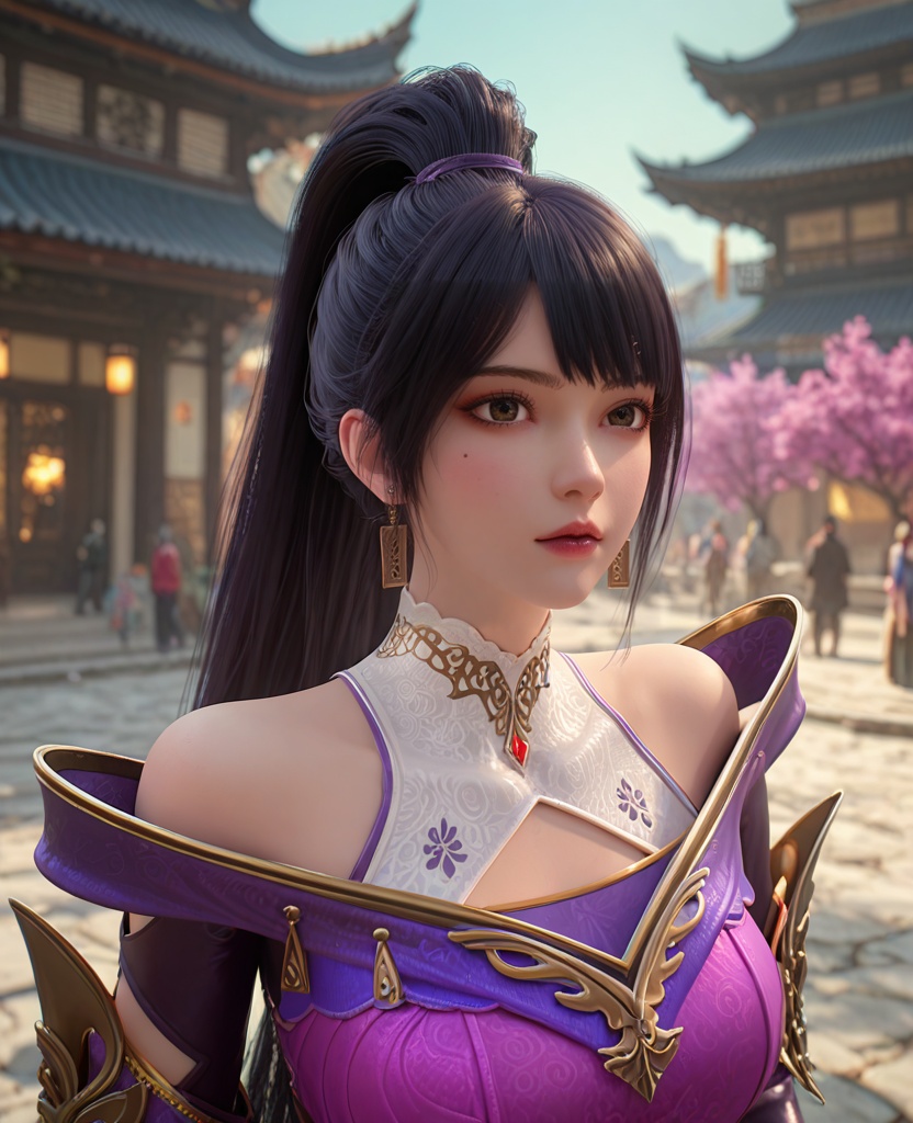 (oriental architecture, elegant decor, sophisticated style:1.1),(bunny pose:1.1),(breasts:1.2),<lora:XL百炼成神莫雨馨:0.95>,miss moyuxin,black hair,jewelry,mole,ponytail,earrings,armor,long hair,purple armor,bangs,large breasts,, zPDXL2, score_9, score_8_up, score_7_up BREAK realistic, masterpiece,best quality, highly detailed,, zPDXL3, zPDXL2,zPDXL, zPDXLxxx, zPDXLrl,