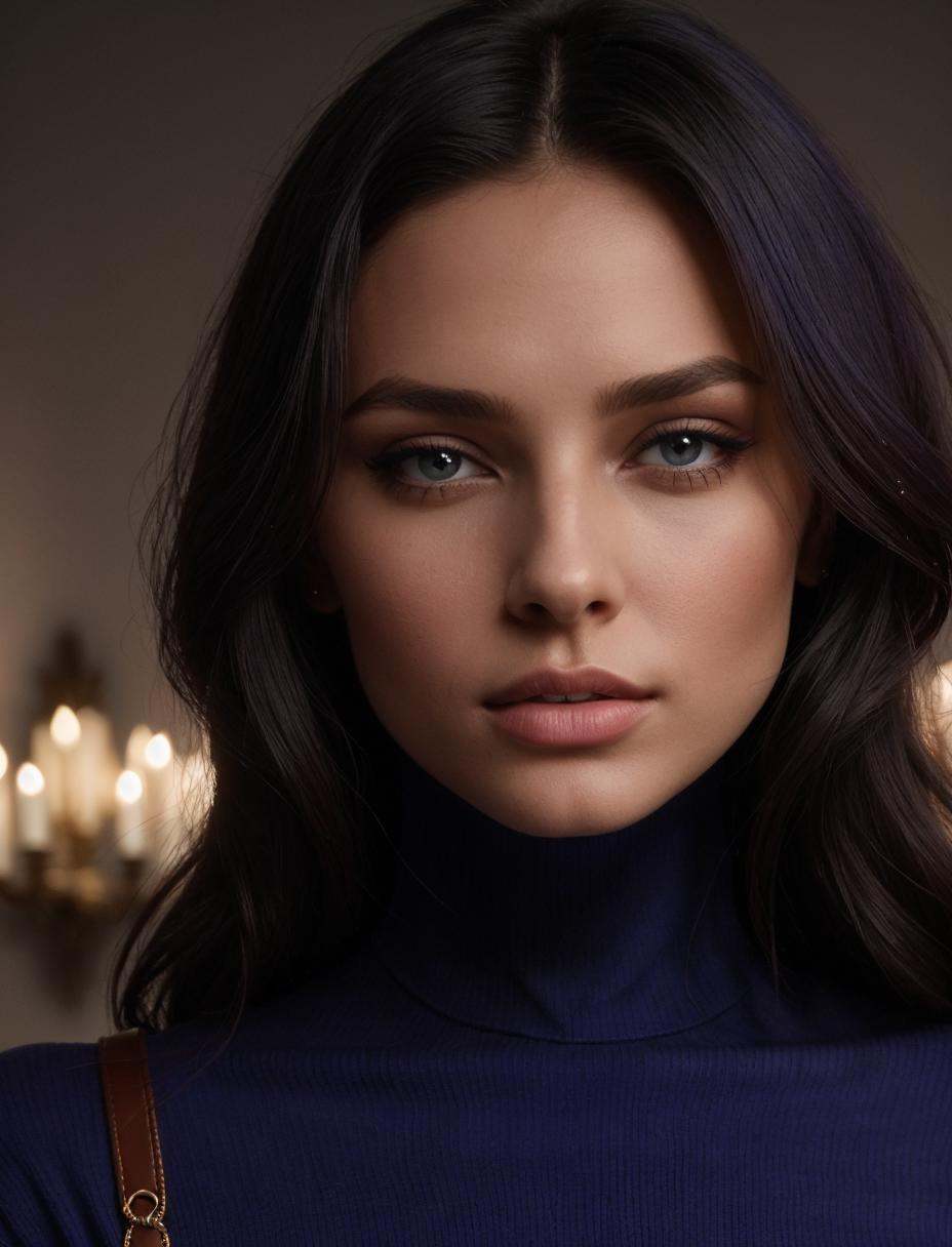 cinematic film still purpure blue colours hair,  1girl,  wearing a turtleneck sweater on Tensor.Art