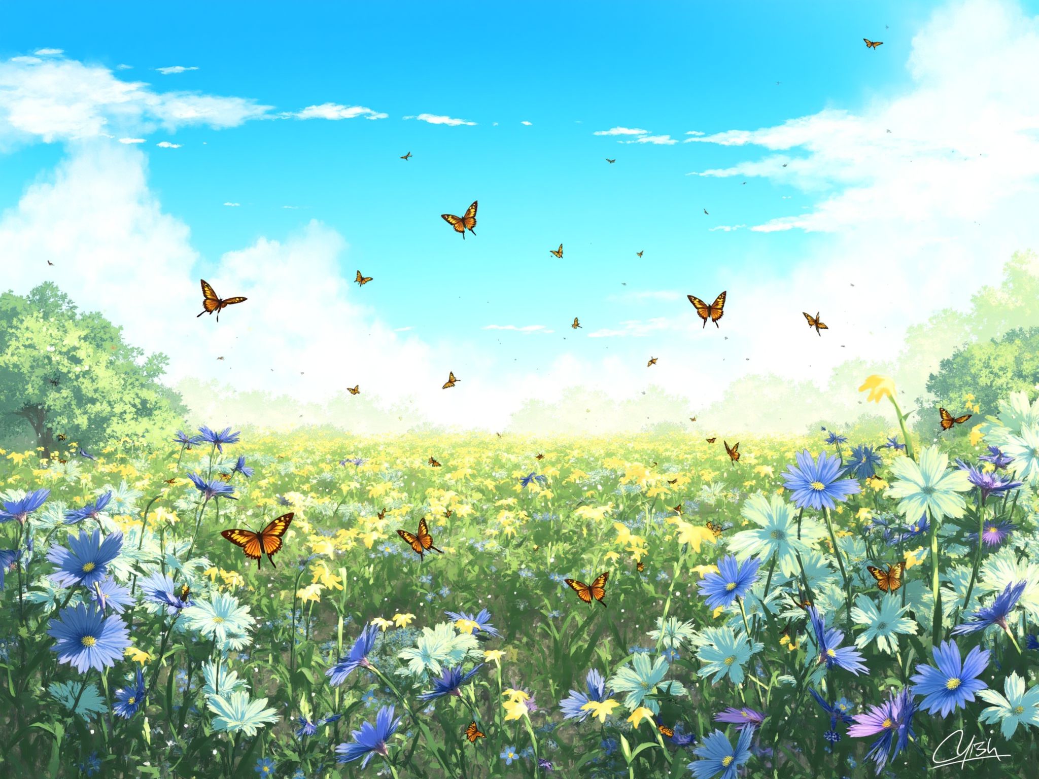 The image is a digital painting of a vibrant, flower-filled meadow at the height of summer. The meadow is a riot of colors, with wildflowers in blues, purples, and yellows dotting the landscape. Butterflies and bees flit from flower to flower, and the scent of the flowers fills the air. The sky is a clear, brilliant blue, and the sun casts a warm, golden light over the scene. The illustration conveys a sense of abundance, joy, and the exuberance of life in full bloom. <lora:S_BLACKGROUD_:1>
