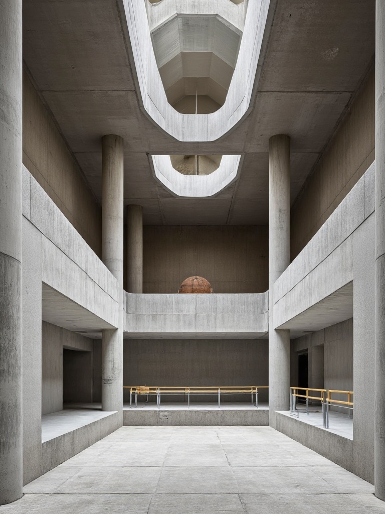 A Brutalist dance studio with double-height spaces defined by exposed concrete walls and columns,  featuring integrated ba...