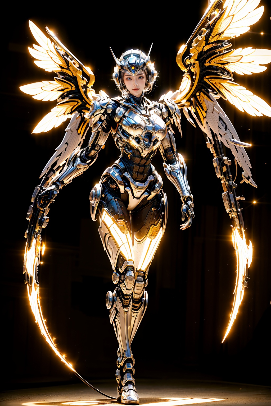 masterpiece,best quality,(highly detailed),1girl,cyborg,(full body:1.3),day light,bright light,wide angle,white background,<lora:hjyrobo5-000010:0.7>,complex body,shining sparks,big  machinery wings,silvery,studio light,motion blur  light background