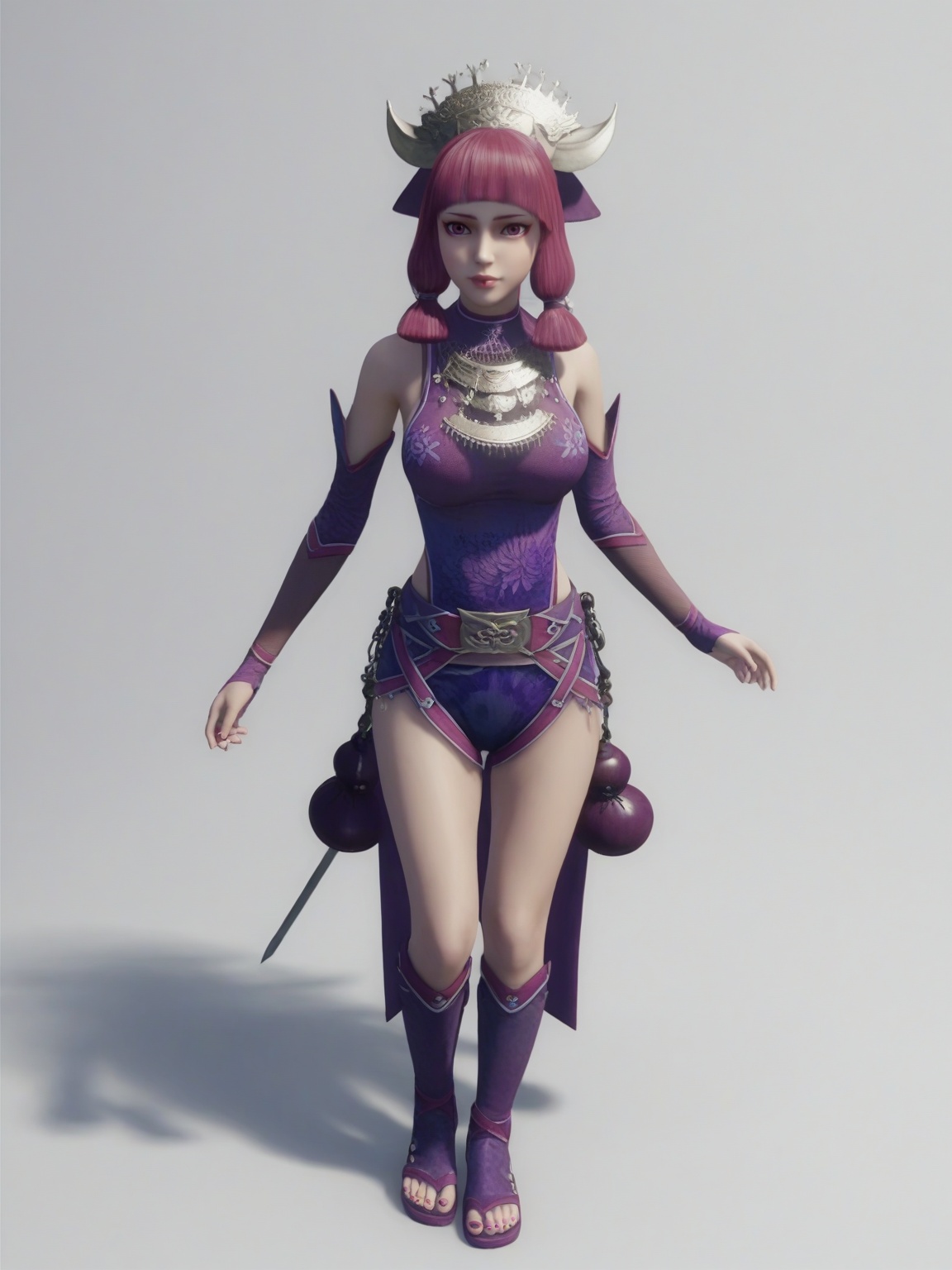 score_9,<lora:SF_ChiMeng2_Pony_Realism-000004:0.7>,1girl,solo,purple clothes,detached sleeves,bangs,pink hair,jewelry,purple eyes,belt,large breasts,hair ornament,standing,makeup,toeless boots,full body,fair_skin,white_skin,Ivory_skin,looking at viewer,white background,simple background,