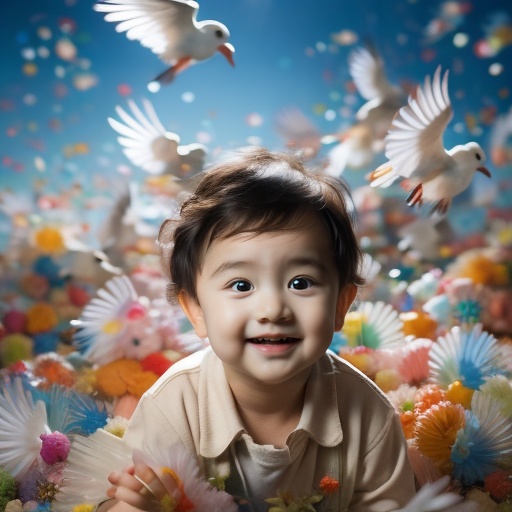 1boy,masterpiece,best quality,In the sky,there are birds flying around him,beautiful face,disney,children's photo,children's photography,Bright light,ripple,Dreamy clouds,Surrounding birds,Surrounding fish，Surrounding birds, <lora:20240513-1715569931489:0.8>