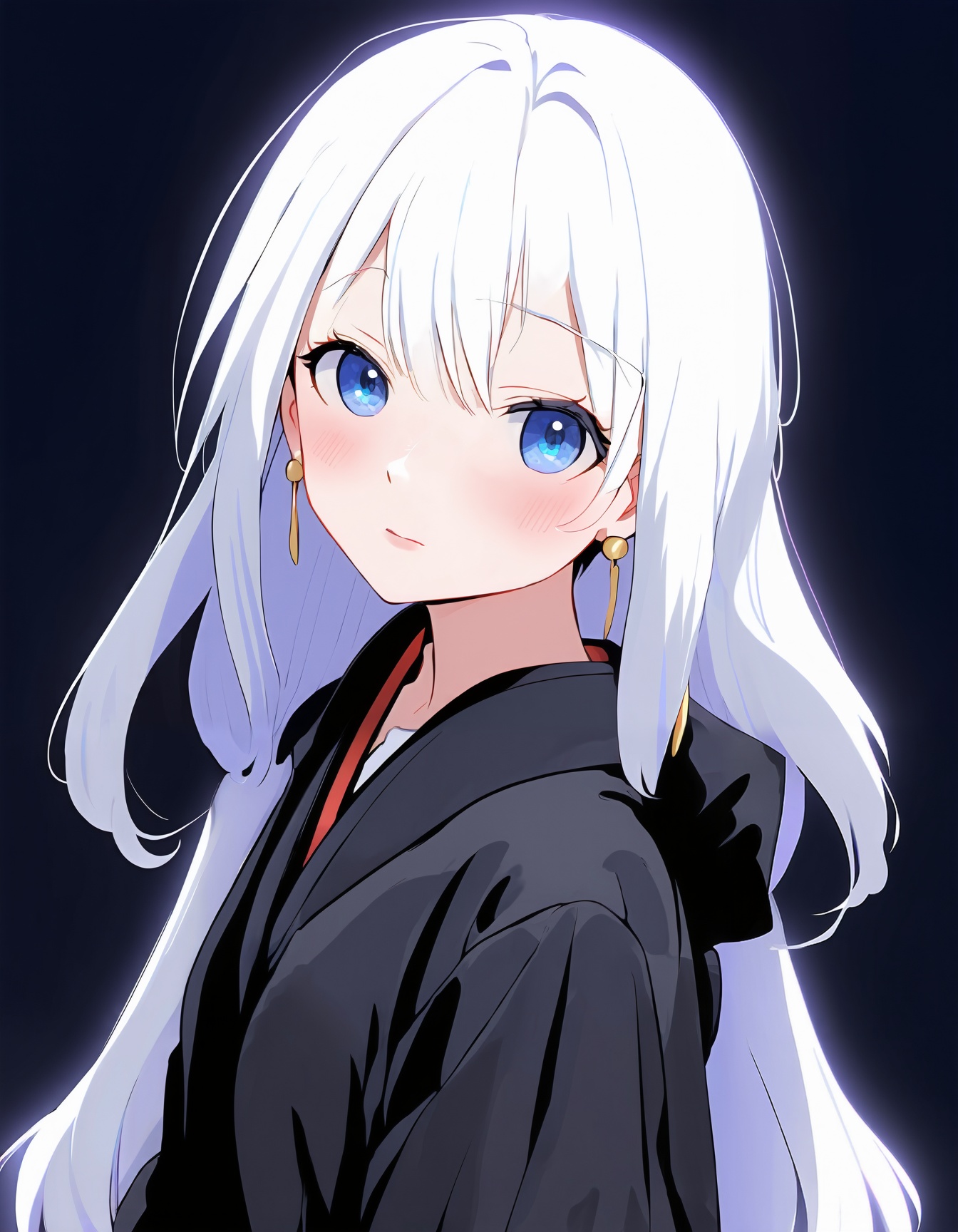 anime style,  an anime girl with white hair and blue eyes,  wearing a black kimono and earrings on her earlobes on Tensor.Art