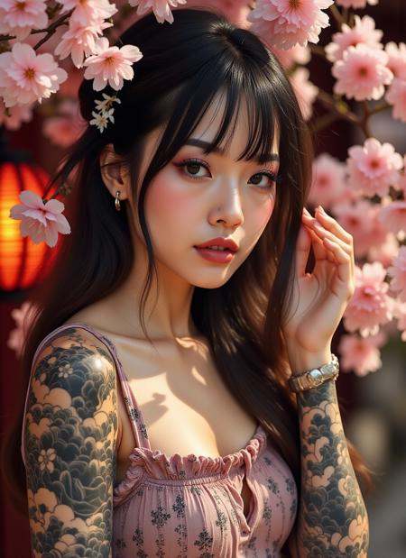 A captivating portrait of a beautiful woman with a traditional Japanese style full-sleeve tattoo,  surrounded by cherry bl...
