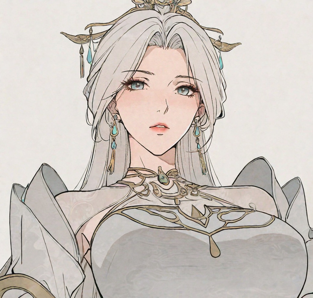 ((very awa)),(solo),highly detailed,(best quality),((masterpiece)),1girl,<lora:手绘画风正则noobxl:0.3>,spot color,shouhui,chi,<lora:chi正则100nbXL:0.3>,watercolor \(medium\),looking_at_viewer,large breasts,lineart,flat color,ge,<lora:鸽天尊画风正则92noobxl:0.3>,simple background,mature_female,<lora:龙套女师父noobxl-000017:0.8>,mengshi,long hair,hair ornament,dress,white hair,earrings,jewelry,upper body,