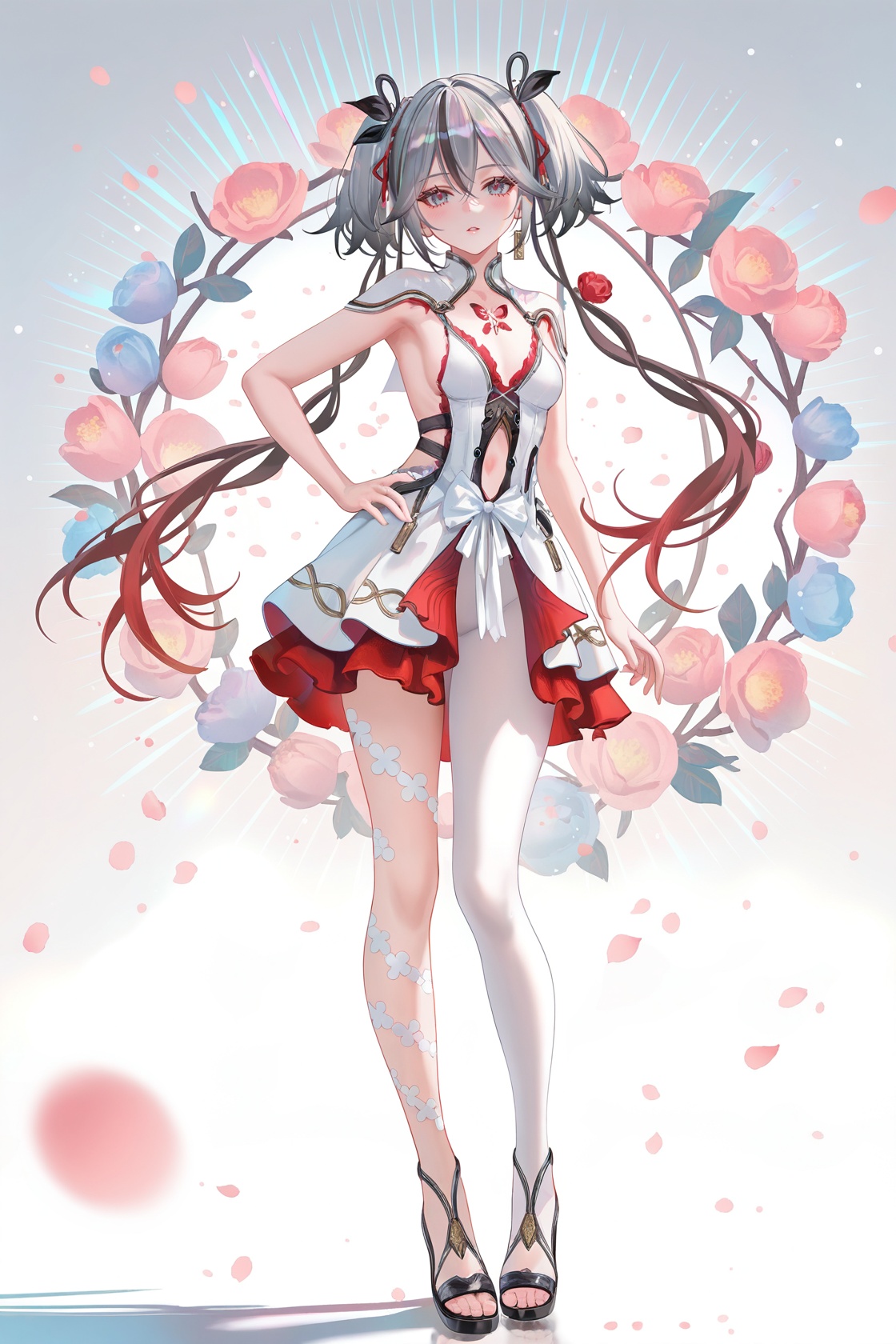 8k, best quality, masterpiece, (ultra-detailed), (high detailed skin),((artist:reoen),(artist:fuzichoco),(artist:atdan),(artist:torino_aqua),year 2024:0.8)1girl, [artist:wlop], [artist:ningen_mame], artist:ciloranko, [[artist:rhasta]], artist:tidsean, colorful, detailed light, light leaks, sunlight, bokeh, blurry foreground, ray tracing, lens flare, cinematic lighting,full body, full shot, standing, looking at viewer, (solo:1.2), simple background, (white background:1.2), hand on own hip, (white background:1.1),<lora:chun-noob-Tanger-000013:0.8>, chun, white chun-def dress, 1girl, red floral tattoo on chest, breasts, twintails, multicolored hair, grey hair, grey eyes, dress, white single pantyhose,A full-body portrait of a young girl, standing gracefully, pastel art style, high-key lighting, shoujo manga influence, hd quality, delicate details,