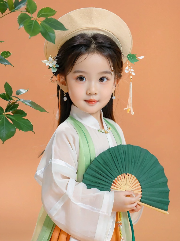 ertong,child,1girl,long hair,portrait,beauty,clear skin,natural light,orange background,white shirt,take a photo,high resolution,studio shot,clean background,soft focus,gentle colors,wearing a sun hat,wearing sunglasses,traditional attire,vibrant colors,hair ornaments,cultural dress,traditional dress,hanfu,leaf,holding_fan,<lora:ertong_1-000008-Copy1:0.8>,