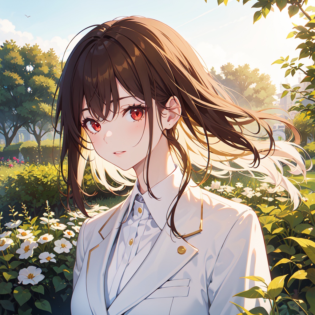 white suit,1girl,elegant,upper body,red eyes,fcportrait,golden brown hair,garden,sunlight,happily,