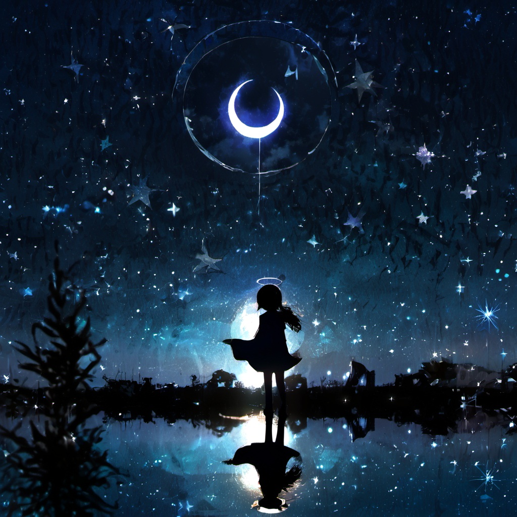 <lora:star_xl_v2:1>,1girl,reflection,silhouette,moon,starry_sky,halo,