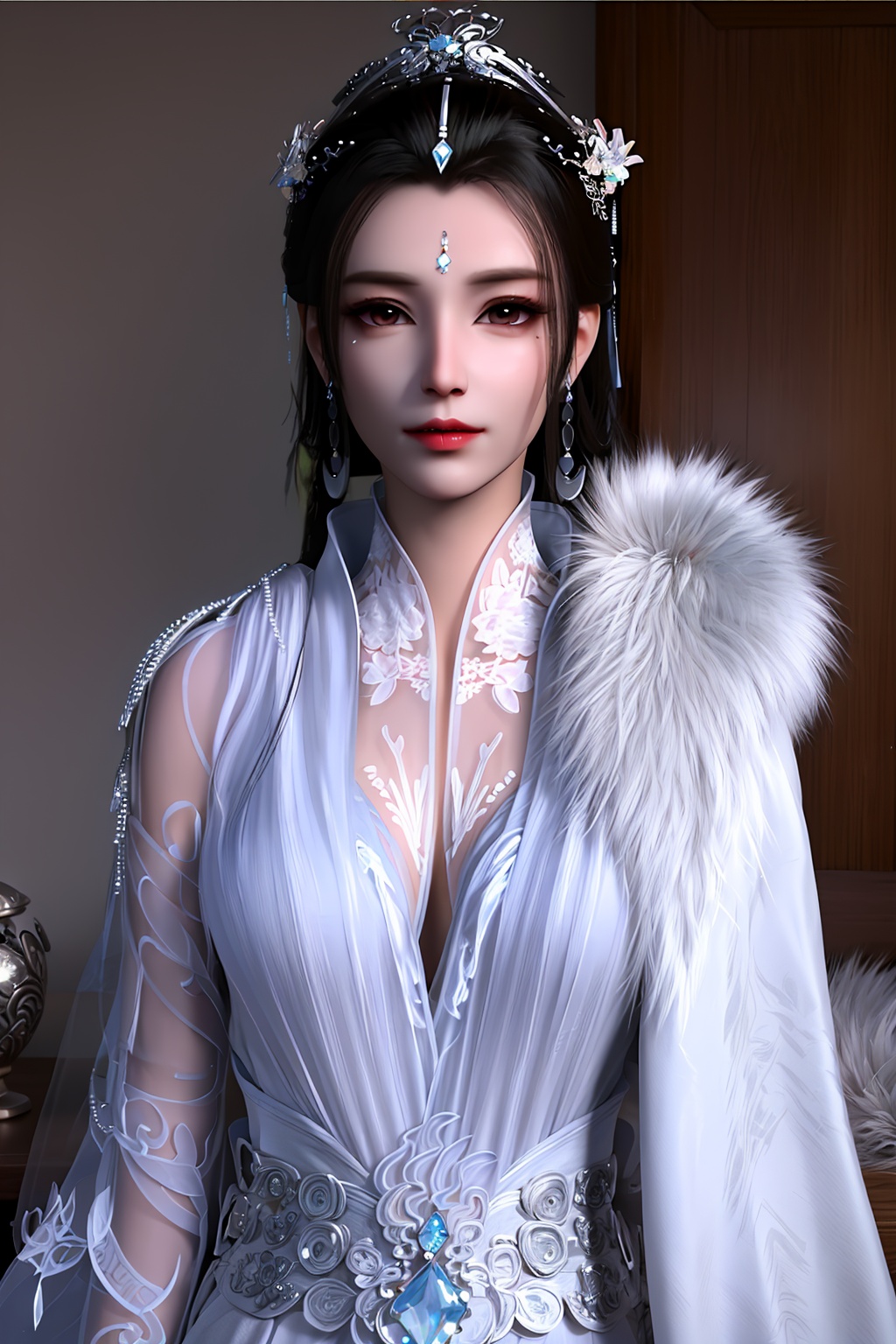 3D,masterpiece,(best quality),(makeup),official art, extremely detailed cg 8k wallpaper,((crystalstexture skin)), (extremely delicate and beautiful),(highly detailed),(1girl), (solo), (jewelry), (earrings),(black_hair),(long_hair),(hair_ornament),(handwear),(breasts),(upper_body),(multicolored_clothes),(multicolored_dress),(collar),(fur),(hanfu),(white_dress),(tiara),(earrings),(crown),(chinese_clothes),(adapted_costume),,((closed_mouth)),(bracelet),(sunshine, indoor,bed),((looking_at_viewer)),((Facing the camera)),, <lora:hipoly3DModelLora_v10:0.3> <lora:枫岫-少年白马-瑶玥00:0.7>