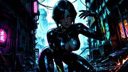 high_quality, highres, detailed, masterpiece, best quality, absurdres, solo, sexy pose, dynamic angle, Enchanting Eyes,  female android, dystopian future, broken city, industrial ruins, damaged synthetic skin, exposed metal parts, glowing wires, sparks, on her knees, exhausted posture, cracked faceplate, one eye flickering, torn bodysuit, dirty skin, oil stains, abandoned facility, cold lighting, dark atmosphere, rain dripping, flickering neon signs, silence, decay, lost technology, head to hips view <lora:rdtdrp:1> <lora:SLE_v2:0.2> <lora:EnchantingEyesIllustrious:0.95>