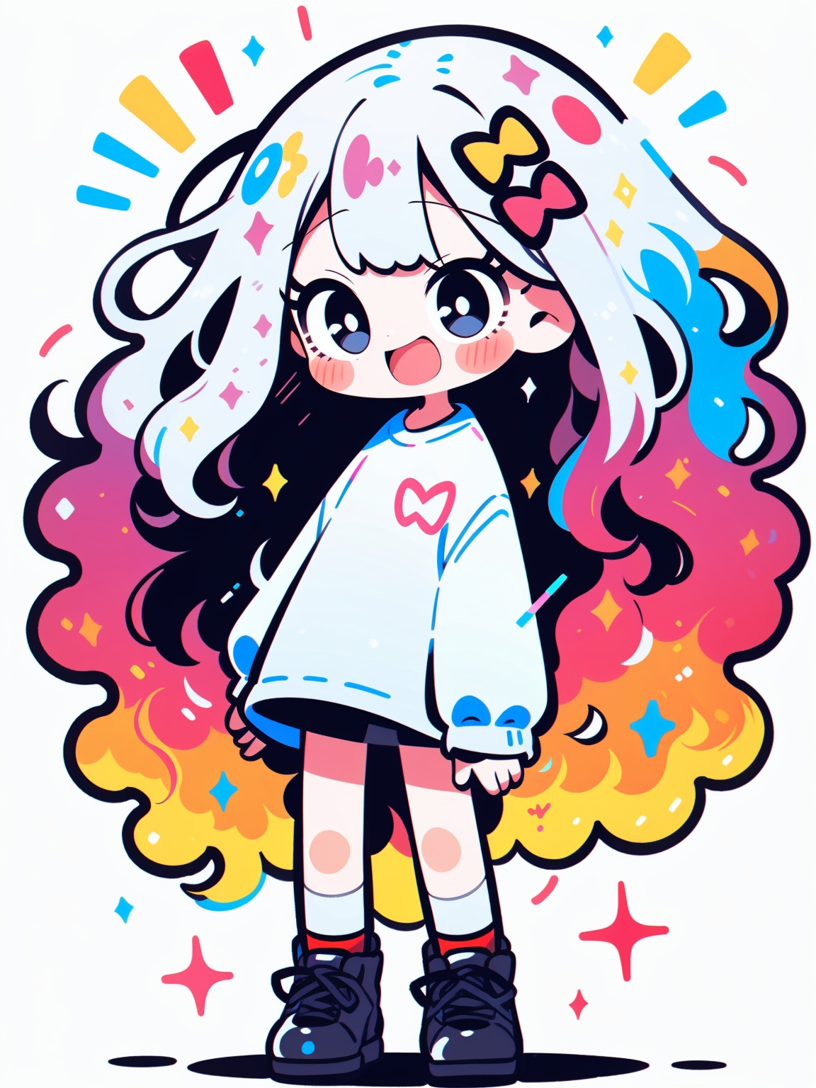 HTTP, 1girl, solo, long hair, black footwear, black eyes, very long hair, white hair, white background, shoes, chibi, blush, shirt, multicolored hair, white shirt, bangs, standing, hair ornament, looking at viewer, open mouth<lora:HTTP_20231126194709-000006:1>