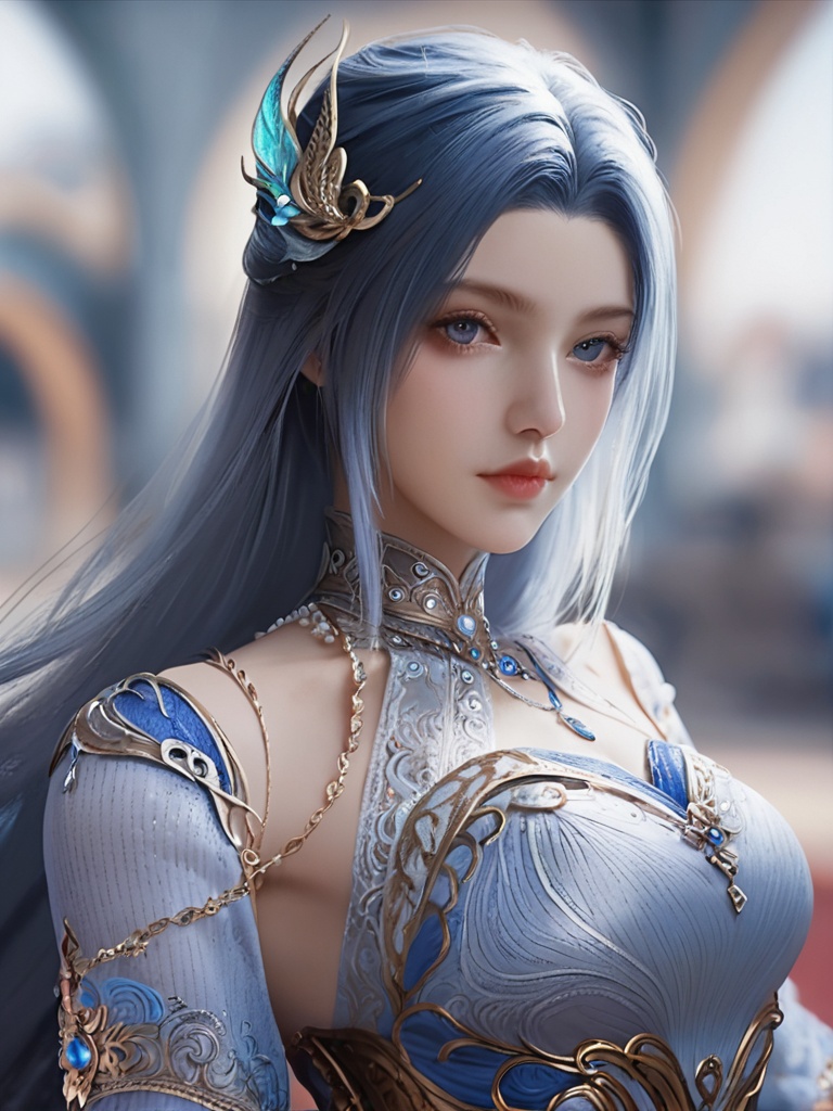 score_9,score_8_up,score_7_up,1girl,solo,hair ornament,jewelry,necklace,detached collar,detached sleeves,blue long gauze dress,looking at viewer,blurry background,depth of field,portrait,<lora:斗罗大陆2-唐舞桐【PONY】:0.9>,twt,