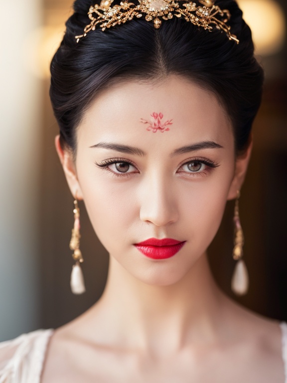 ((huadian)),close-up,High detail RAW color front view Picture of a stunning beautiful chinese girl,((light_smile)),((solo_focus,centered,looking at viewer:1.3)),(face_focus:1.2),((Her low-tied_updo with jewelry_accessories)),very_long_chain_earrings_with_green_drop,tiara,tassel,((intricated hair_ornament:1.2)),pale_skin,kanzashi,lipstick,chinese clothes,hair stick,parted lips,black_hair,ancient,gold embroidery,((intricated details:1.2)),((32k,RAW photo,best quality, masterpiece:1.2)),(photorealistic,Realistic:1.37),cinematic lighting,film still,atmosphere,ultra-detailed_face,detailed_eyes,long eyelashes,ultra-detailed skin and clothes,<lora:huadian_20240408133132:0.9>,((detailed red forehead_mark)),((petal_print)),huadian gem pattern,{{forehead jewel:1.1}},gem_on_forehead,