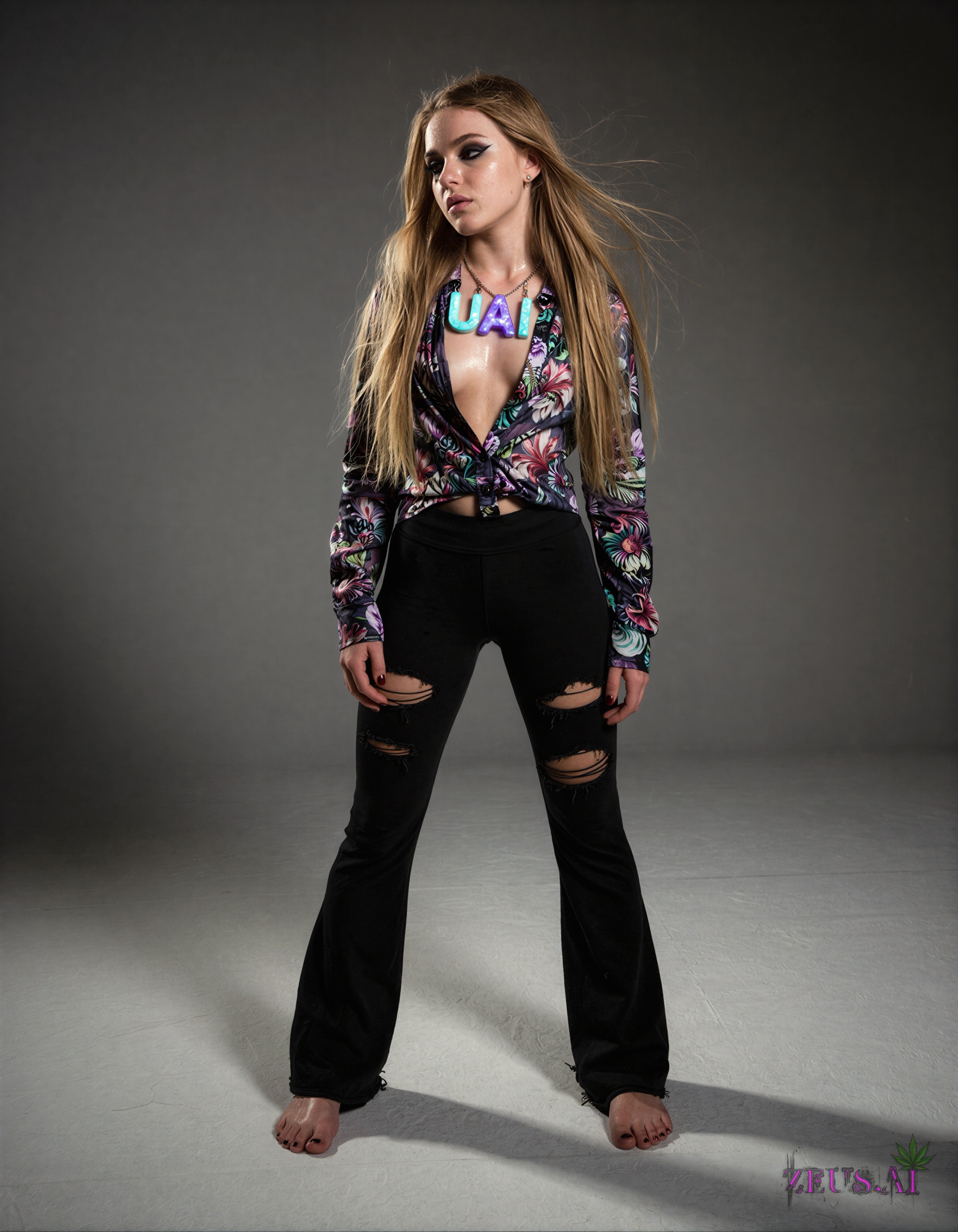 Melancholic,  moody ultra wide angle fashion photo with a seamless backdrop. Full body photo of a swedish 20 year old with...