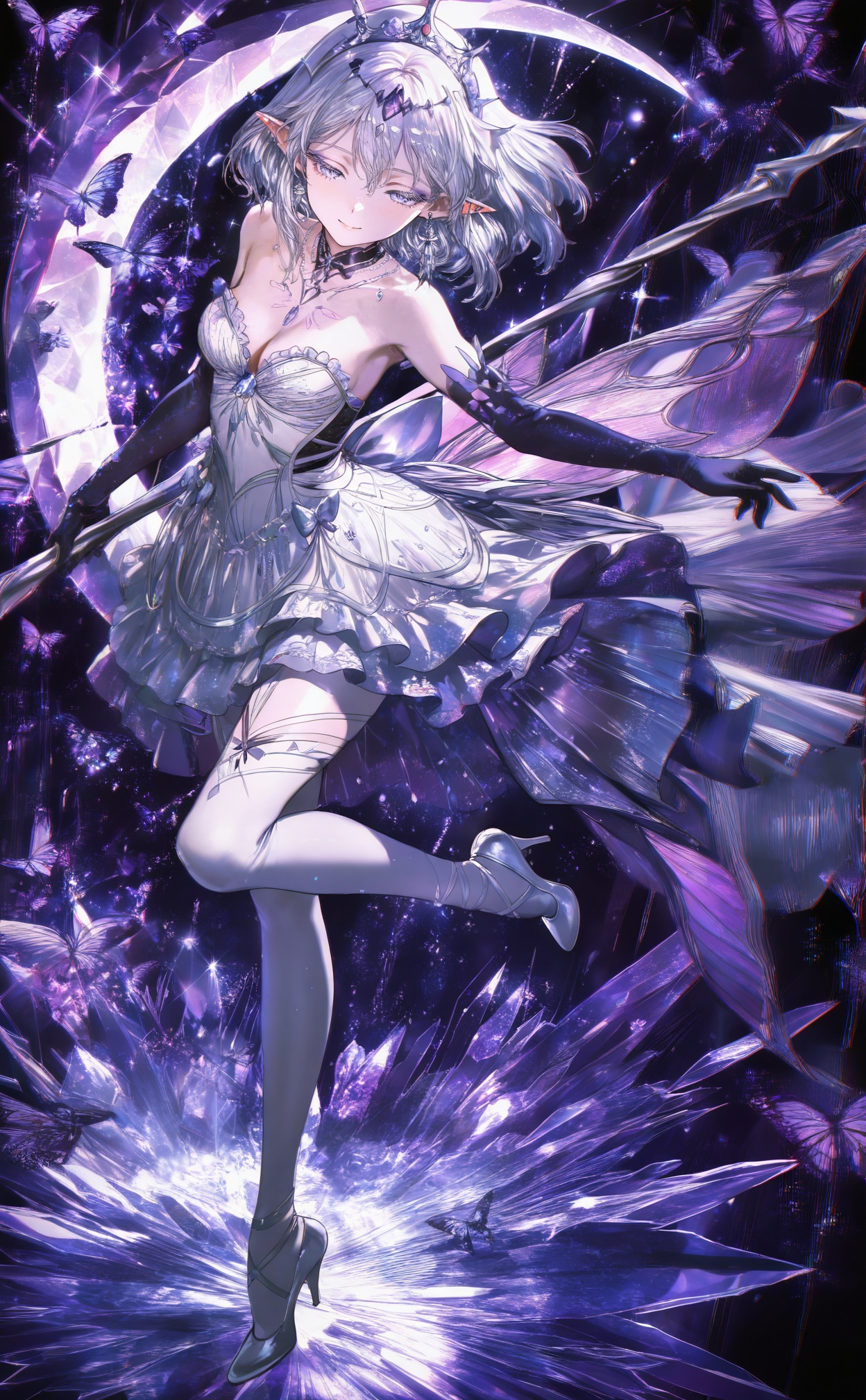 masterpiece,absurdres,best quality,petite,high quality,//,1girl, solo, gloves, elbow_gloves, dress, jewelry, pointy_ears, black_gloves, holding, strapless_dress, earrings, necklace, breasts, bare_shoulders, holding_scythe, strapless, full_body, high_heels, white_dress, holding_weapon, tiara, white_hair, gem, purple_theme, leg_up, weapon, closed_mouth, white_pantyhose, standing_on_one_leg, cleavage, scythe, short_hair, tutu, looking_at_viewer, purple_gemstone, light_particles, hair_ornament, medium_hair, collar, pantyhose, chromatic_aberration, standing, choker, flower, glint, purple_eyeshadow, smile, crystal, frills, blue_gemstone, frilled_dress, eyelashes, eyeshadow, ballerina, small_breasts, medium_breasts, back_bow, dangle_earrings, ice, white_footwear, piercing, chest_tattoo, grey_eyes, bug, crescent, thighhighs, abstract_background, makeup, grey_hair, circlet, ear_piercing, butterfly, collarbone, ballet_slippers, blue_eyes, long_eyelashes, half-closed_eyes, crown, white_theme, purple_eyes, white_thighhighs, black_collar, looking_to_the_side, short_dress, expressionless, mole, sleeveless, parted_lips, sparkle, grey_footwear, glass, layered_dress, pleated_dress, headpiece, hair_between_eyes, white_eyes//,<lora:ssxd——【noob】hans:1>,