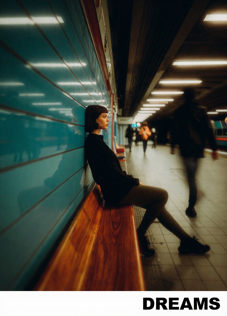 This photograph captures a dynamic,  slightly blurred motion shot of a young woman in a subway tunnel. She is leaning agai...