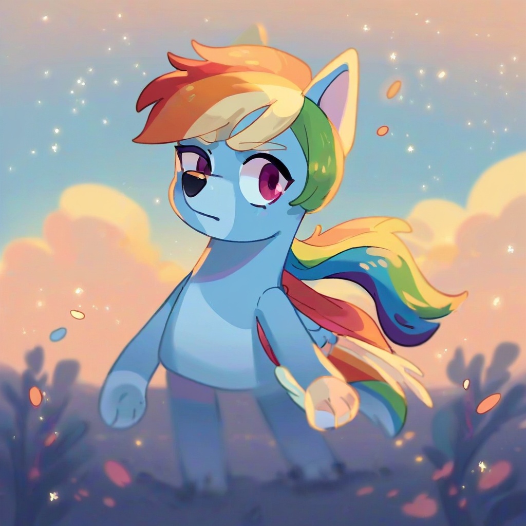 safe_pos, score_9, score_8_up, score_7_up, score_6_up, score_5_up, score_4_up, source_furry, hi res, blurred background, particles, solo, Rainbow Dash, looking at viewer, closed mouth, Bluey style