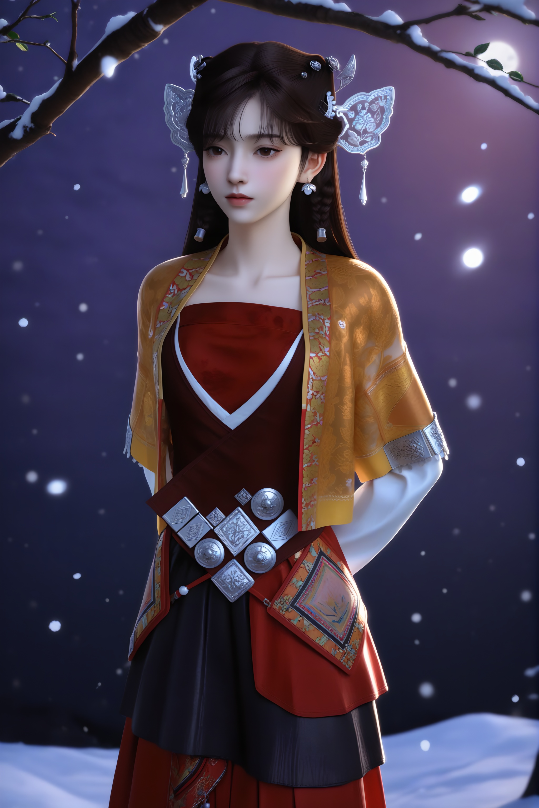 masterpiece,best quality,absurdres,highres,<lora:雪见-ill:0.85>,1girl,solo,dangling tassels,filigree design,butterfly-shaped hairpiece,silver hairpins,hair ornament,dark brown hair,pearl beads,pearl earrings,twin braids,long hair,light blush,layered_dress,short jacket,red tube top,puffed sleeves,white inner sleeves,waist belt,embroidered cuffs,red skirt,traditional chinese footwear,standing,(pleated skirt),XueJian,black skirt,red long_skirt,black short_skirt,collarbone,thighs,cowboy shot, (arms_behind_back),front view,BREAK(white_skin:1.1),(fair_skin:1.1),realistic,twig,branch,falling petals,snow,snowing,snowflakes,simple background,black background,rim light,Volumetric Lighting,lens flare,Tyndall effect,depth of field,bokeh,sparkle,moon,star \(sky\),purple sky,