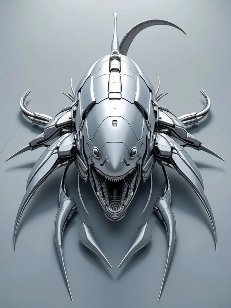 mecha,An icy gray background,a massive mechanical fish,the mechanical fish,three-dimensional lighting and shadows,3D rendering,exquisite details,combination of mechanical structures,future technology,a scene composed of machinery,a clean scene,steel texture,metallic feel,an image entirely composed of mechanical elements.,