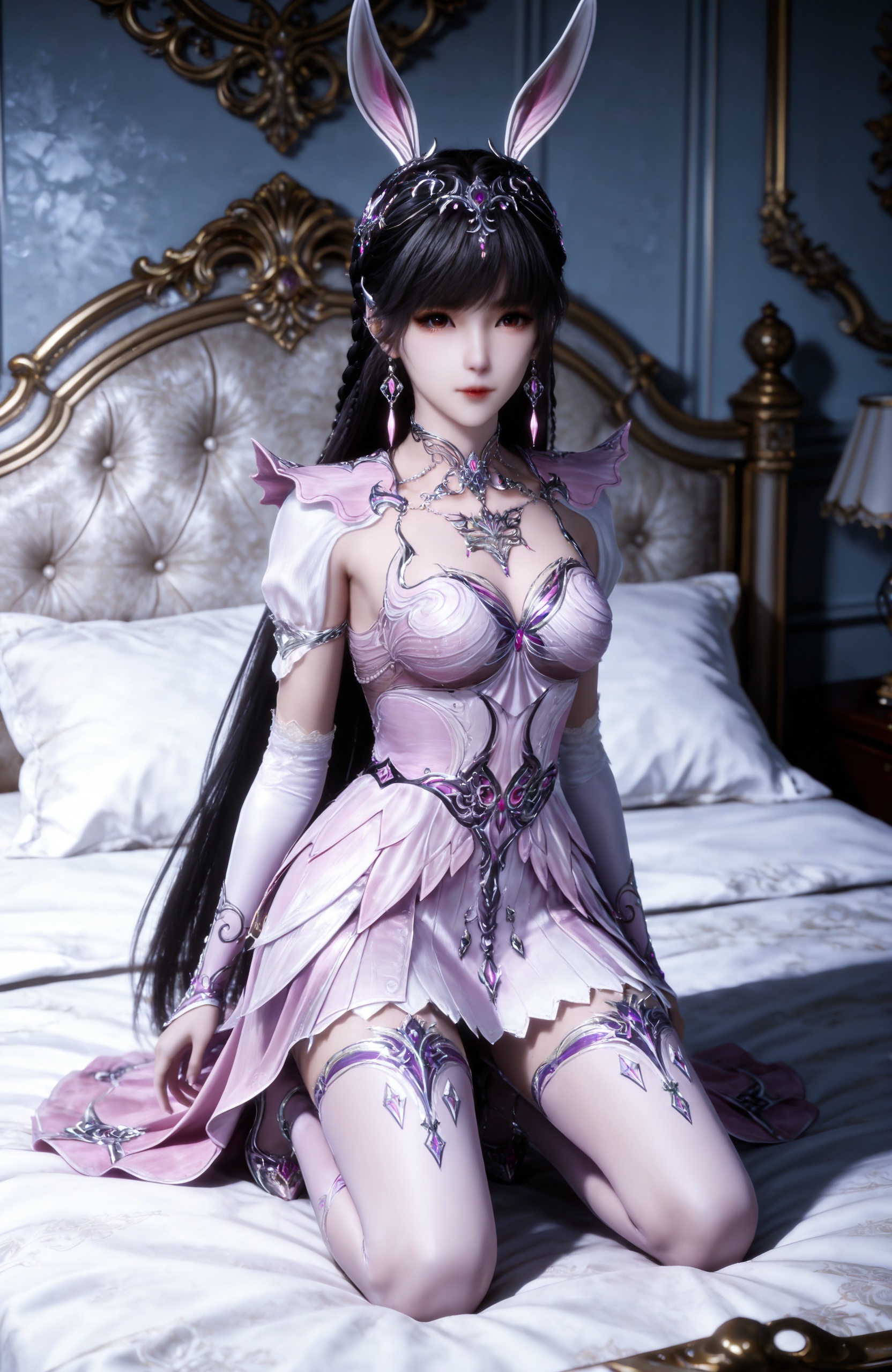 <lora:斗罗大陆-小舞IL-结婚版:0.8> 1girl, hair ornament, long hair, black hair,rabbit ears, earrings, braid, pink dress, , metal collar, thighhighs, high heels,solo,looking at viewer, full body, indoors,  pillow, kneeling, bed, on bed, 