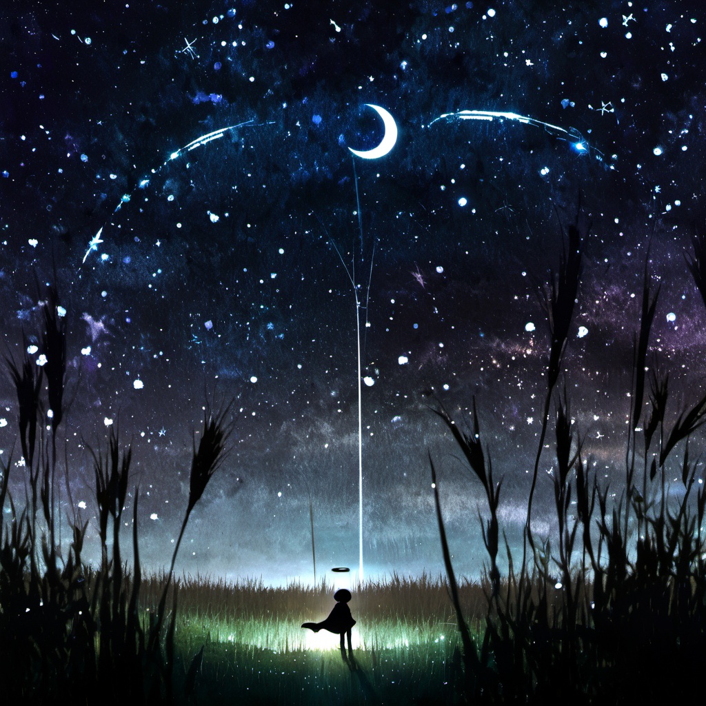 <lora:star_xl_v2:1>,a person standing in a field under a night sky filled with stars and a crescent moon above them, with a person standing in the foreground, solo, 1boy, standing, outdoors, sky, cloud, tree, night, moon, grass, star \(sky\), nature, night sky, scenery, starry sky, silhouette, dark, crescent moon, 1girl, long hair, from behind, shooting star, The image showcases a breathtaking cosmic scene where a vast expanse of the universe is visible. The sky is filled with a myriad of stars, nebulae, and a crescent moon. A silhouette of a person stands in the foreground, gazing up at the celestial display. The person appears to be holding a small object, possibly a telescope or a camera, capturing the moment. The ground is covered with tall grasses, and the overall ambiance of the image is serene and awe-inspiring., cosmic scene, vast expanse of the universe, silhouette of a person, telescope, camera, grasses, ambiance
