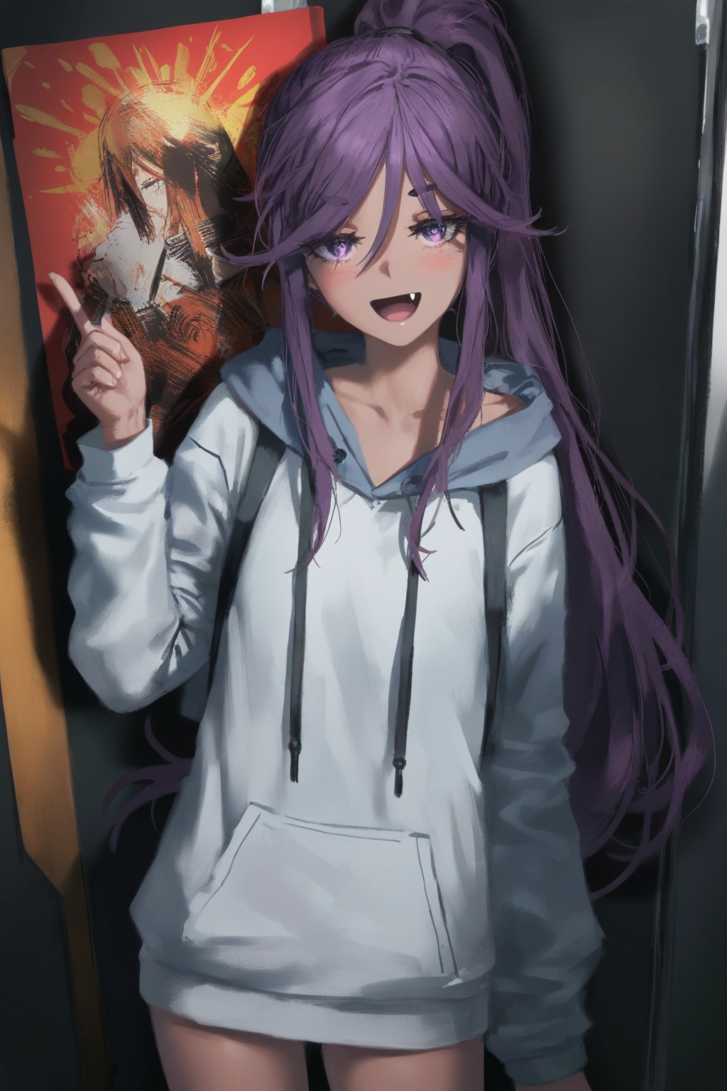 masterpiece,best quality,amazing quality,very aesthetic,absurdres,best quality,newest,(artist:quasarcake:0.8),extreme aesthetic,(wlop:0.9),masterpiece,best quality,good quality,newest,very aesthetic,absurdres,A shot with tension,Visual impact,giving the poster a dynamic and visually striking appearance,offcial art,splash of color,movie perspective,Koyomi Hasunuma,solo,1girl,purple eyes,purple hair,long hair,hoodie,hood,anime coloring,open mouth,dark skin,smile,looking at viewer,ponytail,fang,blush,dark-skinned female,:d,<lora:journey-000004:0.8>,