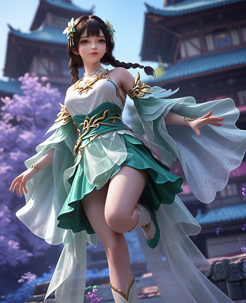 (oriental architecture, elegant decor, sophisticated style:1.1),practicing ballet,(breasts:1.2),<lora:XL16完美世界梦回仙古麒麟少女:0.95>,miss qilin,solo,white bodice,green skirt,brown eyes,black hair,twin braids,hair ornament,choker,green sash,sheer fabric overskirt,detached sleeves,white socks,, zPDXL2, score_9, score_8_up, score_7_up BREAK realistic, masterpiece,best quality, highly detailed,, zPDXL3, zPDXL2,zPDXL, zPDXLxxx, zPDXLrl,