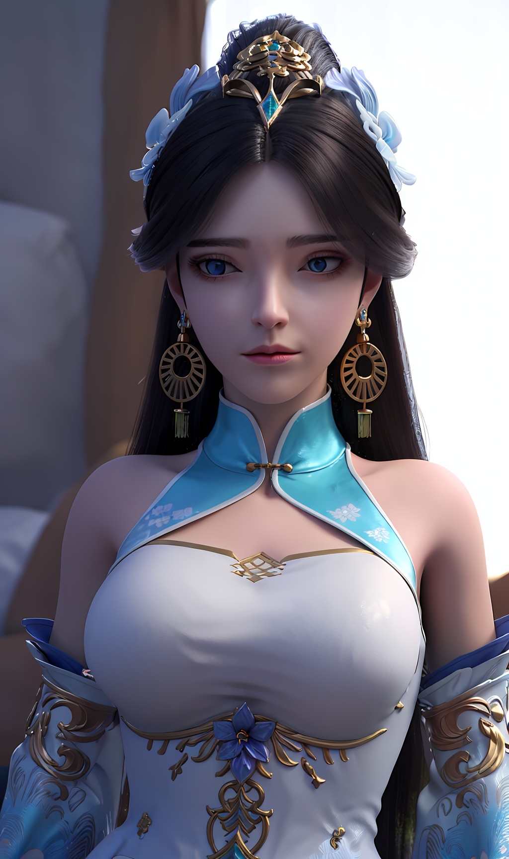 3D,masterpiece,(best quality),(makeup),official art, extremely detailed cg 8k wallpaper,((crystalstexture skin)), (extremely delicate and beautiful),(highly detailed),(face),(gold_trim),(collar),(hair_flower),tassel,,(wide_sleeves),(1girl), (solo), (jewelry), (earrings),(purple_hair),(long_hair),(hair_ornament),(handwear),(breasts),((upper_body)),(closed_mouth),(chinese_clothes),(dress),,(multicolored_clothes),(multicolored_dress),(shiny_clothes),(city,indoor,bed),,((looking_at_viewer)),((Facing the camera)),, <lora:hipoly3DModelLora_v10:0.3>