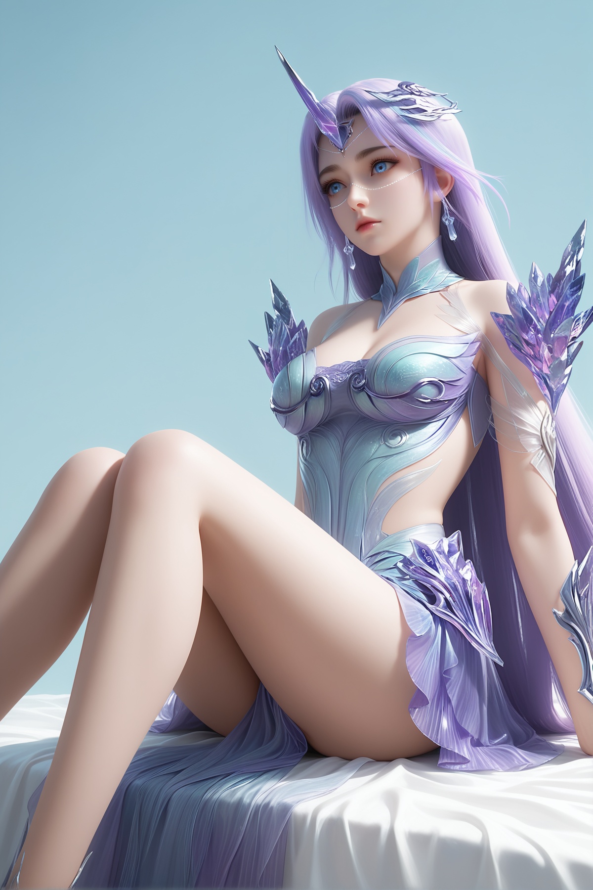 masterpiece,best quality,realistic,cinematic,detail eyes,(ultra-detailed),perfect composition,intricate details,absurdres,detailed face,high quality,high res,8K,<lora:X_yueliu_IL3.0s:0.8>,1girl,long hair,breast,medium breasts,hair_ornament,dress,purple hair,multicolored hair,blue eyes,single horn,horns,bare_legs,simple background,bed,sitting,gem,crystal,jewelry,armor,
