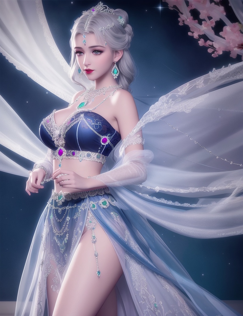ultra realistic 8k cg, picture-perfect face, flawless, clean, masterpiece, professional artwork, famous artwork, cinematic lighting, cinematic bloom, perfect face, beautiful face, fantasy, dreamlike, unreal, science fiction, huge breasts, beautiful clothes, lace, lace trim, lace-trimmed legwear, (rich:1.4), prestige, luxury, jewelry, diamond, gold, pearl, gem, sapphire, ruby, emerald, intricate detail, delicate pattern, charming, alluring, seductive, erotic, enchanting, hair ornament, necklace, earrings, bracelet, armlet,halo ((,1girl:1.5,   solo, ))<lora:DA_NikkiChangEr2.0:0.6>