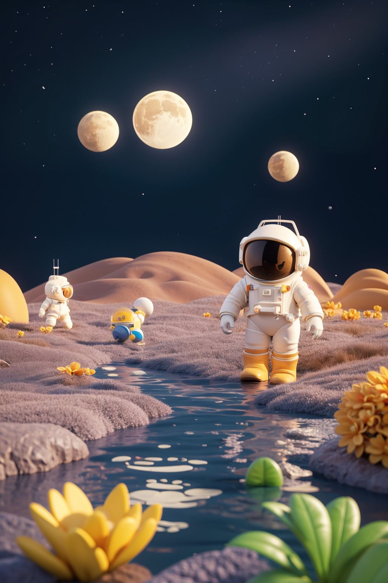 3d style,q version cute，"3D style, Q version cute lunar base with tiny astronauts walking around, planting flags and setting up equipment. The background is a simple, cratered lunar surface with Earth visible in the distance."