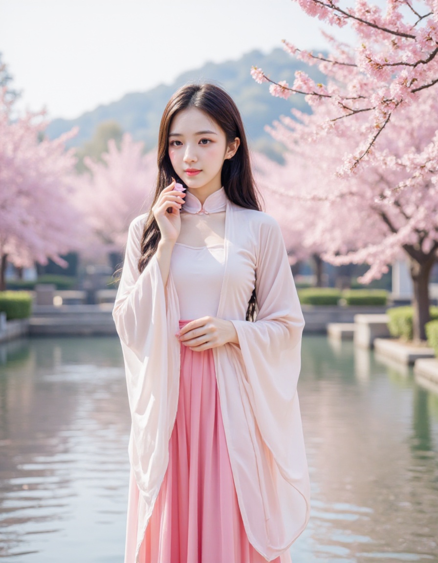 This is a high-resolution photograph featuring a young Asian woman standing in a serene outdoor setting, likely a garden or park, during springtime. She is dressed in a traditional Chinese qipao, a long, flowing gown with a high collar and wide sleeves. The gown is made of a soft, pastel pink fabric with a subtle gradient, transitioning from a pale pink at the top to a deeper, more vibrant pink at the bottom. The sleeves are long and loose, with white linings that add a touch of contrast.The woman has long, straight black hair, styled with a traditional hairpin, and she wears a gentle, natural smile. She holds a single pink peach blossoms petal in her right hand, delicately lifting it towards her face. The background showcases a serene pond with gently rippling water, and the surrounding area is adorned with blooming cherry blossom trees, their branches laden with soft pink flowers. The sky above is clear and bright, suggesting a sunny day. The overall atmosphere of the photograph is calm, peaceful, and full of natural beauty, enhanced by the soft pastel colors and the delicate textures of the fabric and peach blossoms.