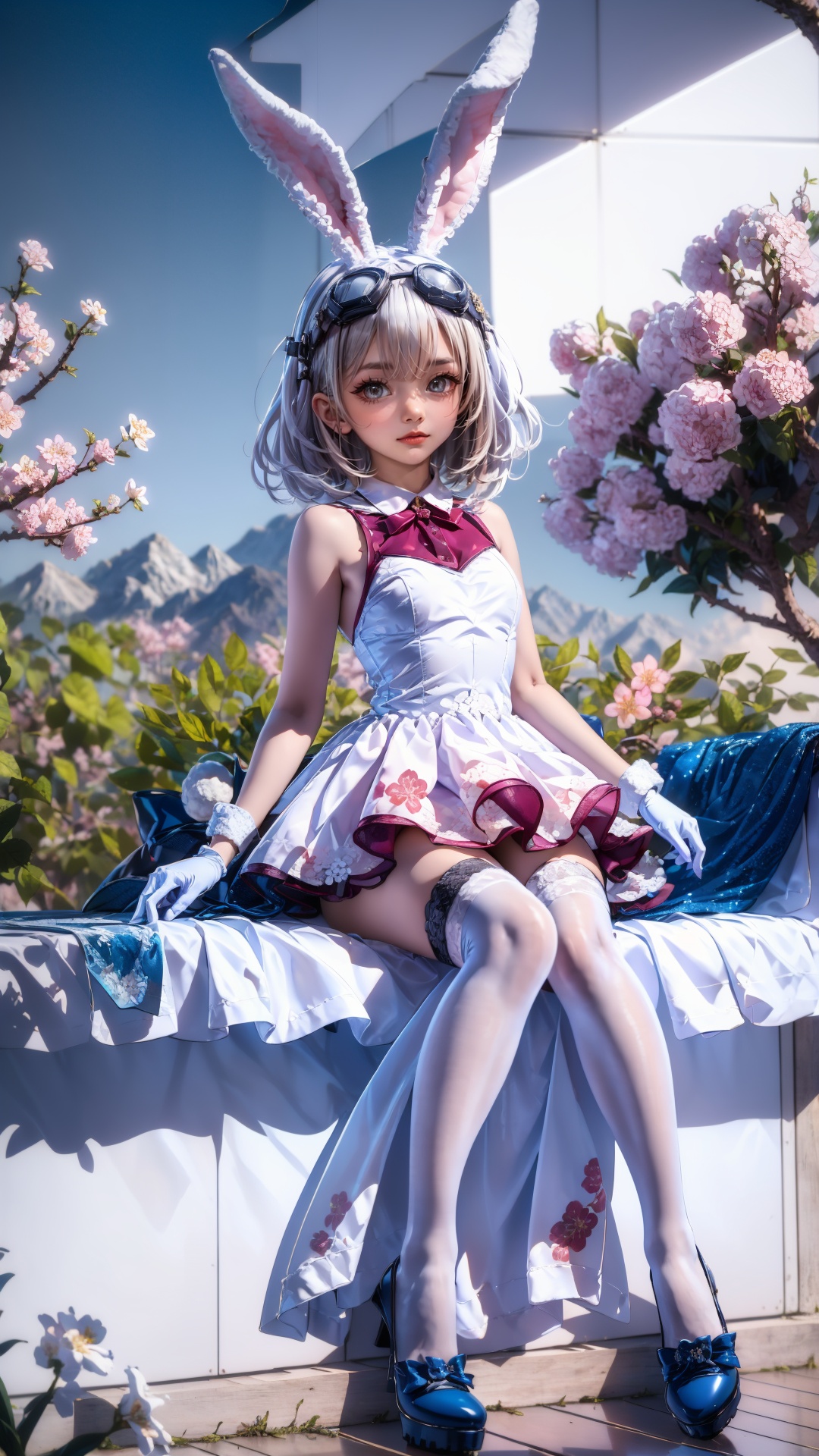 tutututu,1girl,solo,rabbit ears,white dress,white gloves,white thighhighs,blue footwear,goggles on head,sleeveless dress,bangs,blue bow,white hair,short hair,<lora:SY-000010:0.85>,masterpiece,best quality,summer,seaside,fruit,full body,hat,long hair,looking at viewer,red flower,Plum blossoms,red plum blossoms,coconut trees,sitting,solo,sky,sun,mountain,forest,