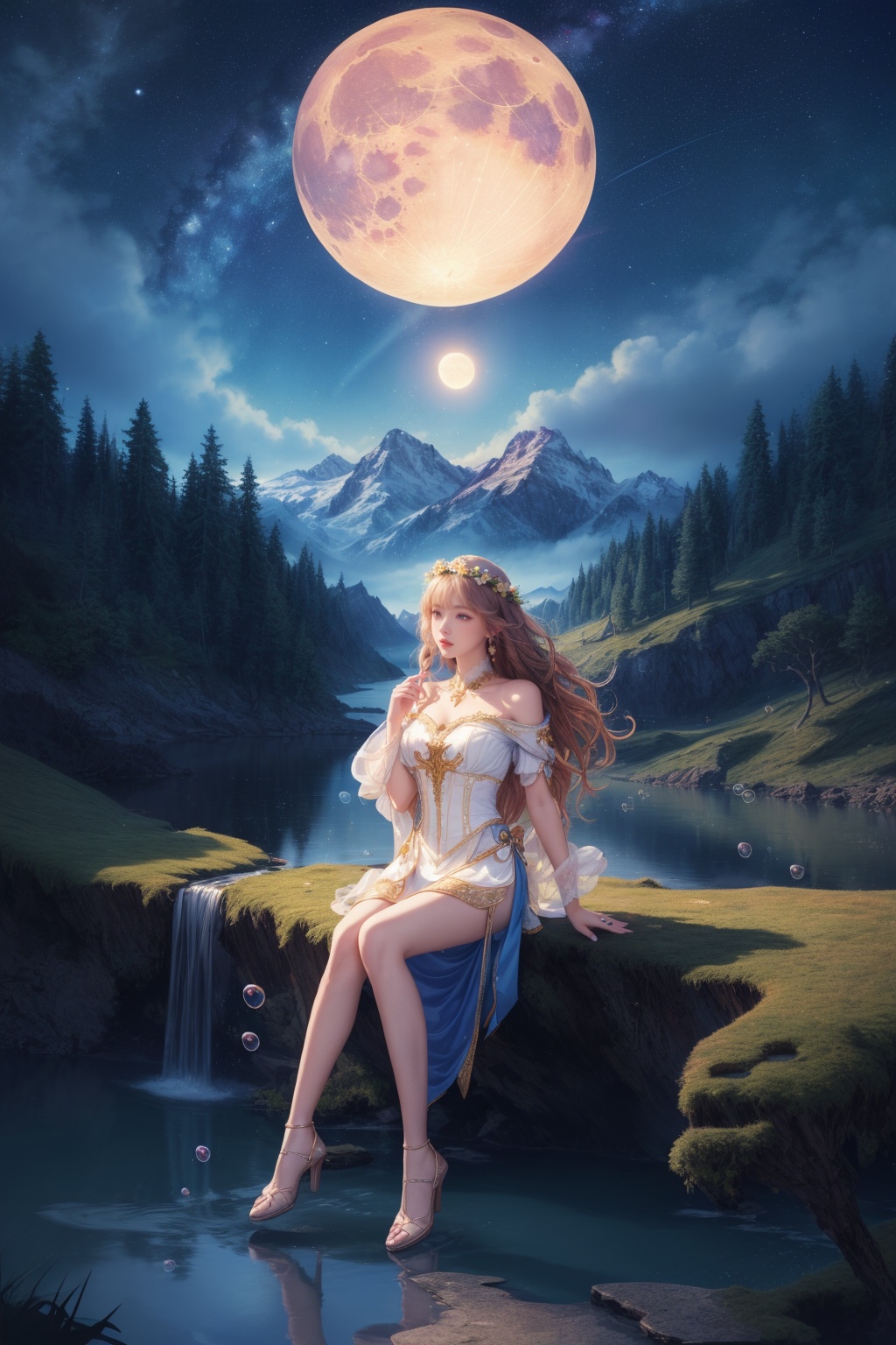 (high quality:1.4),(best quality:1.4),(masterpiece:1.4),official art,official wallpaper,surreal,beautiful goddess,(1woman:1.1),(long wavy hair:1.1),(flower crown:1.1),(mystical creatures:1.1),(floating islands:1.1),(detailed landscape:1.1),(magic in the air:1.1),(stardust:1.1),night sky,(whimsical atmosphere:1.1),(dreamlike world:1.1),(bubbles:1.1),(moonlight:1.1),enchanted forest,(wisdom:1.1),(powerful energy:1.1),(guardian angels:1.1),(peaceful:1.1),vibrant colors,(detailed:1.05),(extremely detailed:1.06),sharp focus,(intricate:1.03),cinematic lighting,(extremely intricate:1.04),(epic scenery:1.09),vibrant colors,(beautiful scenery:1.08),(detailed scenery:1.08),(intricate scenery:1.07),(wonderful scenery:1.05),(sharp focus,absurdres,high quality,masterpiece,highres,best quality:1.5),<lora:MengX girl_Mix_V40:0.9>,full body,sitting,<lora:add_detail:0.8>,