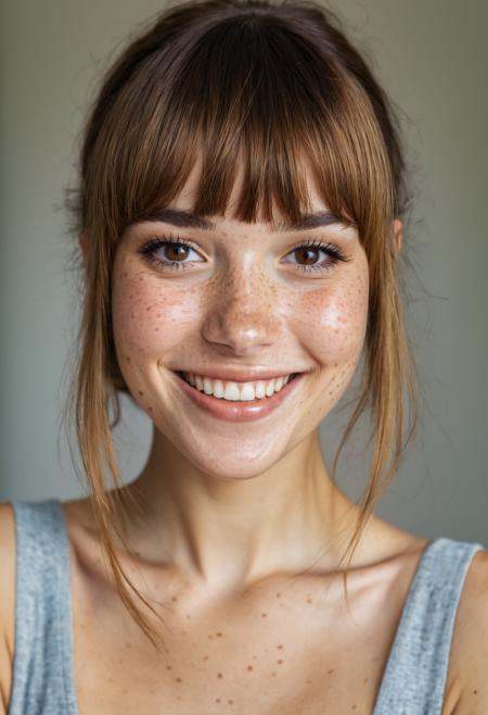 beautiful lady, (freckles), big smile, brown hazel eyes, Full Bangs, dark makeup, hyperdetailed photography, soft light, head and shoulders portrait, cover 