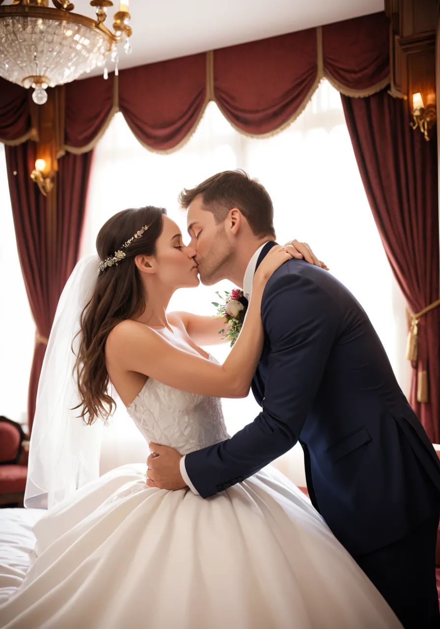highres,  best quality,  A photo of a newlywed couple hugging each other on the bed in a luxurious royal suite on Tensor.Art