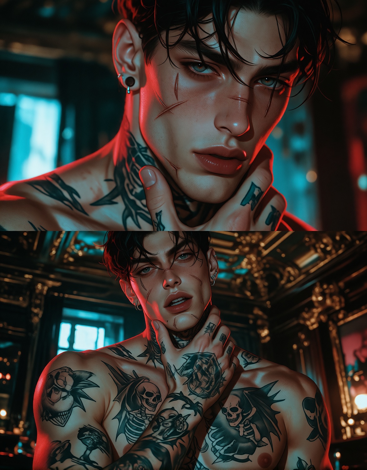 Diptych portrait of a shirtless young man with chiseled features and dark slicked hair,  two stacked vertical frames: top...
