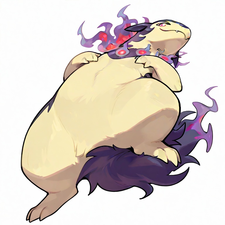 masterpiece,(hisuian typhlosion:1.1),best quality,feral,solo,full body,simple background,pokemon \(creature\),<lora:hisuian typhlosion XL:1>,5 finger,3toes,score_9,score_8_up,score_7_up,from_below,on_back,seductive_smile,