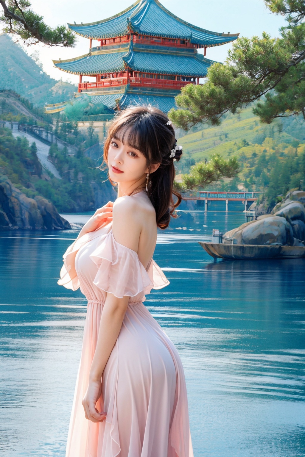 Realistic,best quality,masterpiece,8K,HDR,RAW,1girl,dress,<lora:add_detail:0.6>,<lora:ENNE mmyg_v09:0.8>,mmyg,mount,water,chinese style,<lora:ENNE 只此青绿_v10:1>,zcql,
