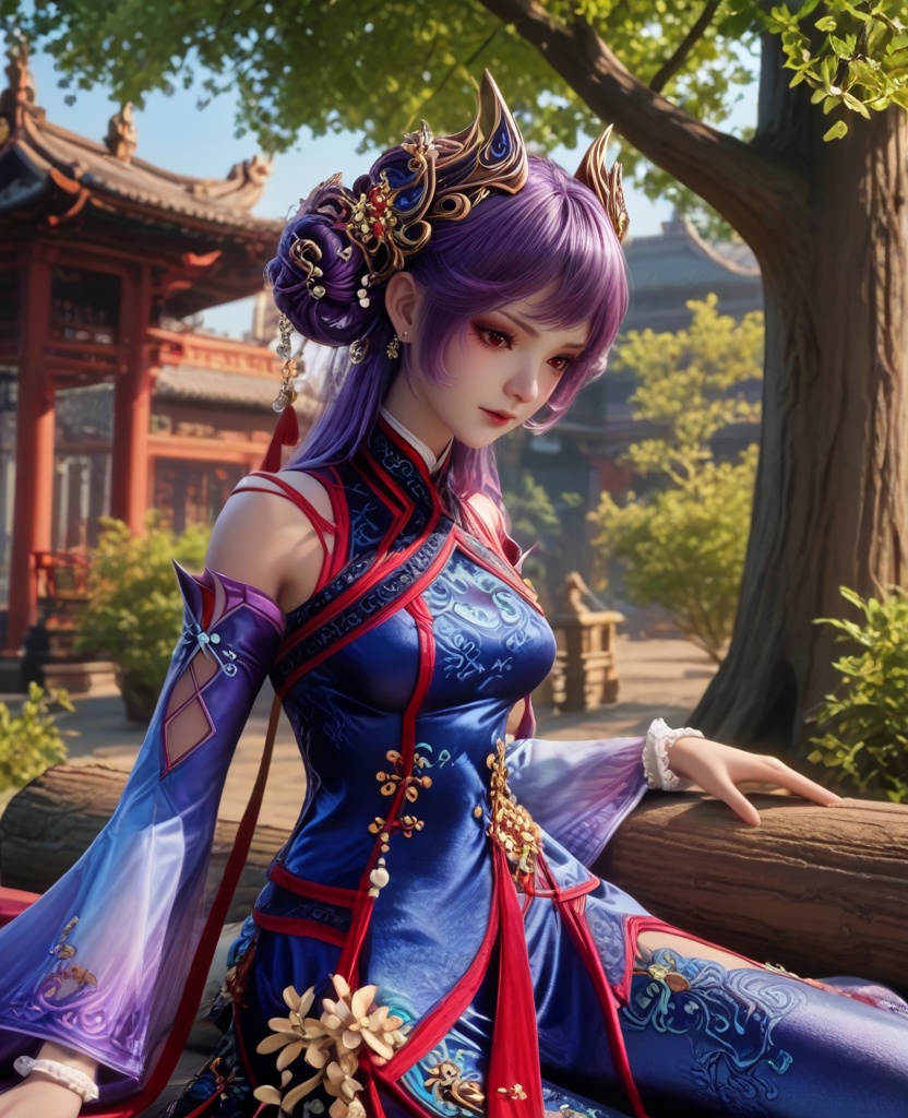 (oriental architecture, elegant decor, sophisticated style:1.1),(Resting against a tree trunk, arms crossed, and a peaceful expression,:1.1),(breasts:1.2),<lora:XL16牧神记司芸香:0.95>,miss siyunxiang,china dress with blue violet,red eyes,purple hair,double bun,hair ornament,cutout pants,wide cuffs,, score_9,score_8_up,score_7_up,score_6_up,score_5_up,score_4_up,3d rendering,tag1,tag2, Cinematic Lighting,backlighting,