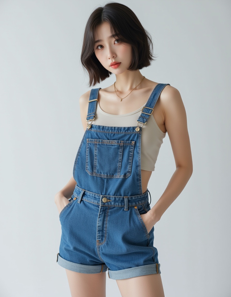 a real picture of a south korea woman,n(denim overall shorts),