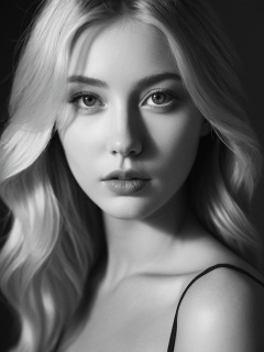 breathtaking b&w, instagram photo, portrait photo of 26 y.o blonde woman, perfect detailed eyes, natural skin, hard shadows, film grain . award-winning, professional, highly detailed